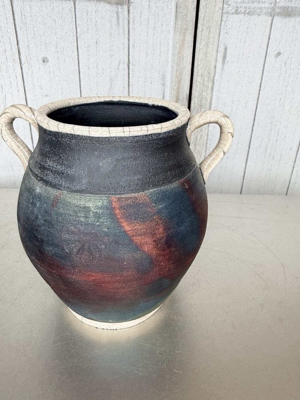 Raku Vase Vintage Studio Art Pottery Signed Metallic Iridescent Vessel Pot